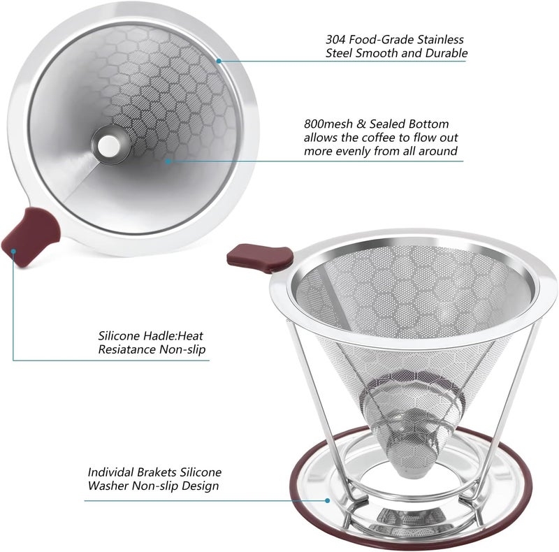 HAPYHOOM Pour Over Coffee Dripper Stainless Steel Coffee Filter Metal Cone Filter Paperless Reusable Single Cup Maker 1-2 Cup With Non-slip and Removable Cup Stand - Image 2
